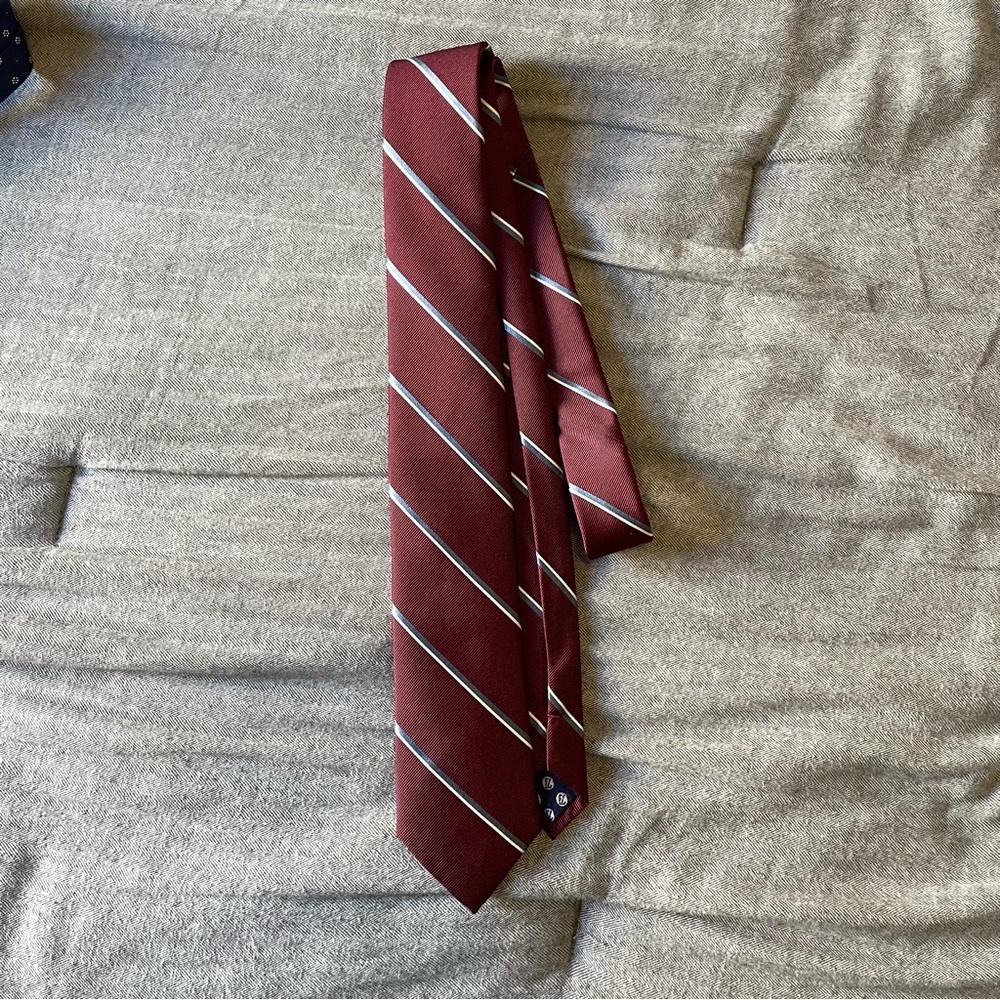 The Tie Bar Burgundy and Silver Striped Tie